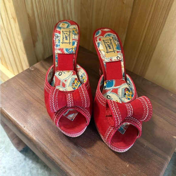 Miss L Fire Lola Red Suede Platform Heels with Bow - Picture 2 of 12